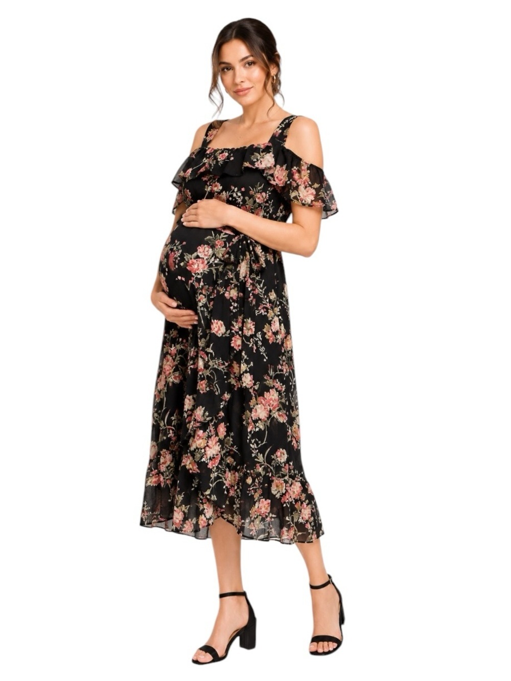ASOS - NWT Maternity Floral Ruffle Midi Dress Black Pink Size US 8